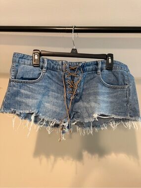 We The Free- Free People Light Blue Lace-Up Frayed Denim Shorts